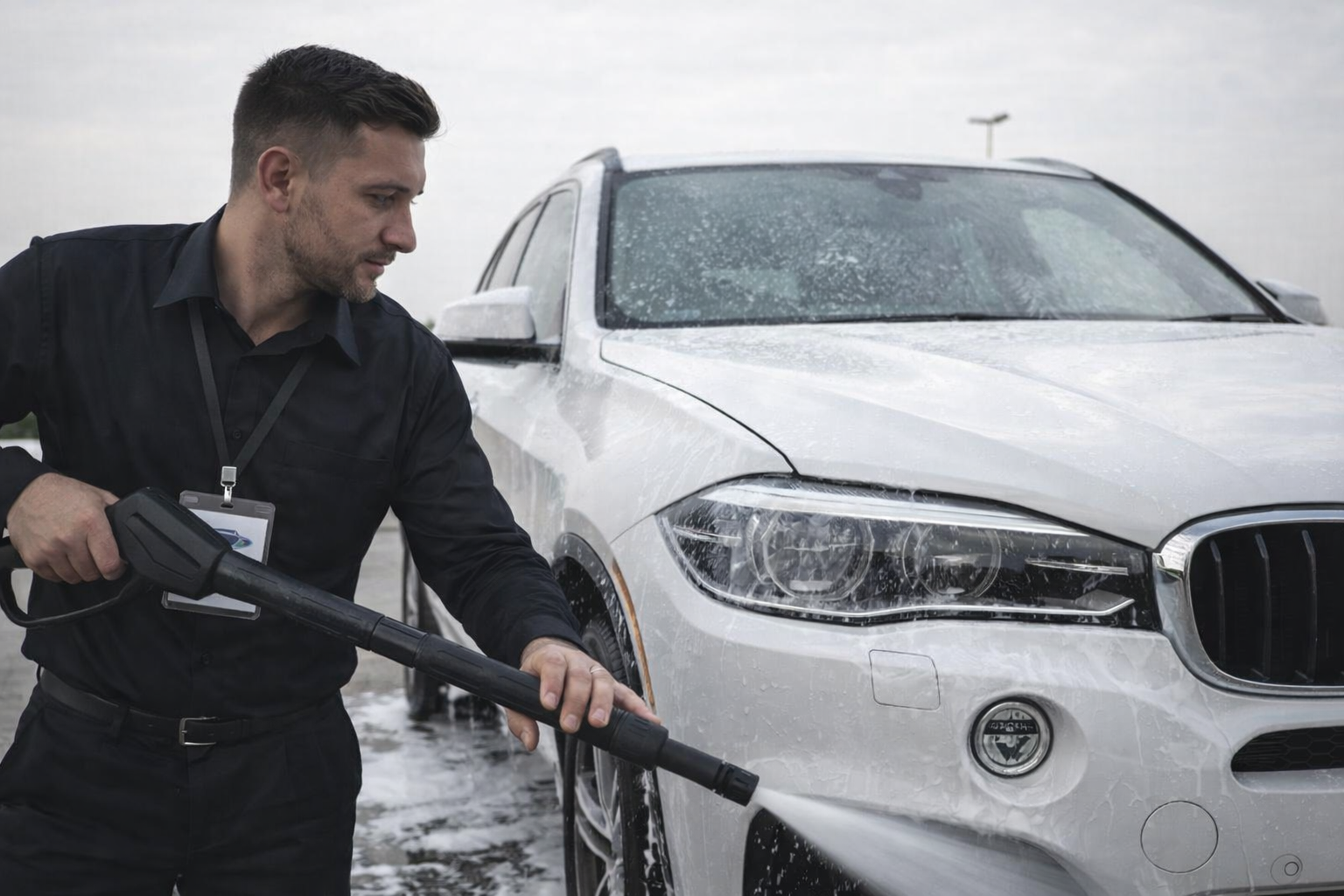 Galaxy City staff pressure washing a vehicle